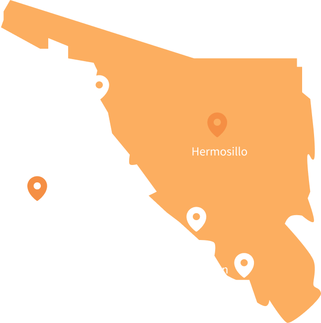 Map showing key connectivity points in Sonora, including Nogales, Puerto Peñasco, Guaymas, Ciudad Obregón, Hermosillo, and cargo locations.
